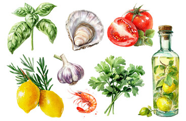 Italian coastal cuisine with fresh lemons, seafood, and Mediterranean herbs. Amalfi-inspired watercolor illustration featuring vibrant summer flavors and traditional Italian elements.