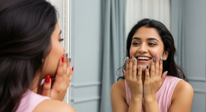 Happy Indian Woman Admiring Colorful Manicure in Mirror Reflection