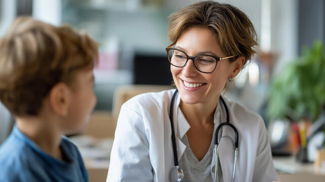 Smiling young boy talking with friendly social worker child welfare services pediatric consultation youth advocacy child protection assessment professional counseling