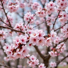 Fototapeta premium Cherry Blossom Flowers Blooming on a Tree in Spring with Soft Pink Petals and Blue Sky Background