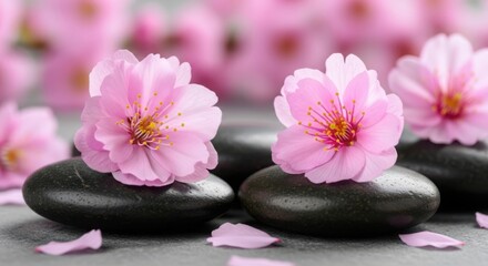 Pink Cherry Blossom Flowers on Black Zen Stones