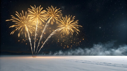 Spectacular golden fireworks display over a snowy landscape