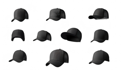 A collection of various styles of black caps displayed against a clean white background. their unique shapes and designs. ideal for fashion or promotional use