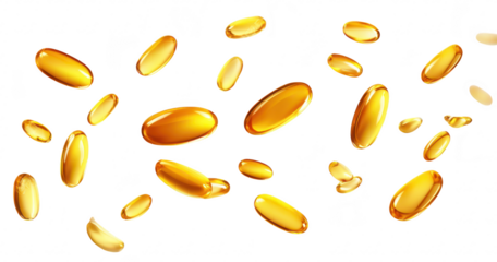 A dynamic arrangement of golden capsules floating against a soft white background. the glossy texture and color. ideal for health and wellness themes