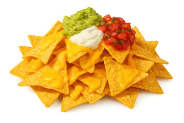 Nacho chips with melted cheese, guacamole, salsa, and sour cream on a transparent background
