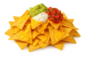 Nacho chips with melted cheese, guacamole, salsa, and sour cream on a transparent background