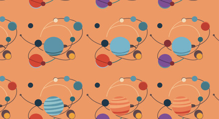 Intertwining planetary orbits illustration conceptual artwork with planets in a stylized solar system pattern on orange perfect for science education astronomy blog design.