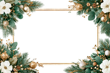 Golden Christmas frame with fir branches, gold balls, and white winter flowers