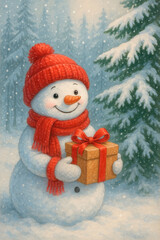 Cheerful snowman with red hat and scarf is holding gift box with red ribbon, standing in snowy forest with snowflakes falling around