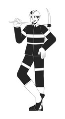 Smiling male miner holding pickaxe over shoulder 2D line character. Mining profession. Hard labor. Caucasian man underground worker isolated vector ink outline person. Monochromatic spot illustration