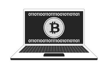 Bitcoin symbol on laptop screen with binary code 2D line object. Digital currency. Blockchain technology. Cryptocurrency software isolated clipart vector ink outline item. Monochrome spot illustration