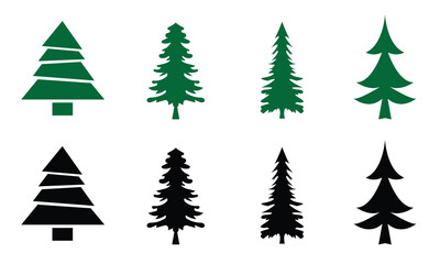 Simple Christmas Tree Icons for Design Projects. A set of minimal Christmas tree icons in filled and outline styles, useful for holiday graphics, nature themes, and modern design elements.

