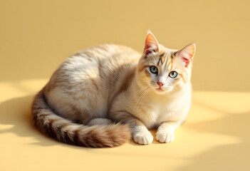 A cat on a pastel yellow background, soft lighting emphasizes the texture, creating an atmosphere of warmth and comfort for well-being and festive decoration.