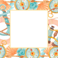 Marine watercolor frame with compass, binoculars, anchor, nautical ropes and seashells. Square ocean border in soft blue and coral tones for summer invitations, cards, travel templates, maritime decor