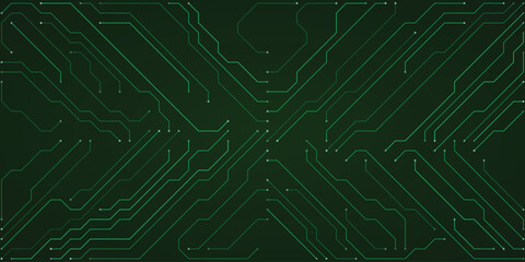 Vibrant green circuit board design with glowing lines and nodes on a dark green gradient, representing digital networks and data flow