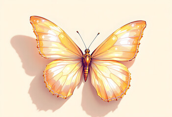 Floating isolate of a butterfly with creamy yellow wings on smooth butter yellow background, subtle shadow and natural detail, evoking calm and warmth