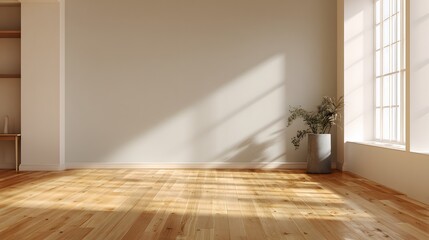 Fototapeta premium Minimal 2026 living room background with warm wooden floor and clean neutral wall providing wide empty space for layout mockups soft natural lighting