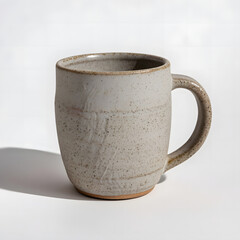 Close-up of textured ceramic mug with visible grain and matte finish, soft shadows on white background highlight tactile surface and artisan craftsmanship