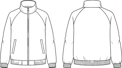 Raglan Sleeve Zip-Up Bomber Jacket CAD Drawing Flat Vector Illustration Technical Sketch Fashion Template Design Stand Collar Apparel Clothing Top Garment. © Creative World