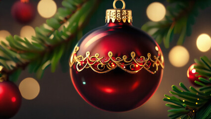 Close up of elegant red Christmas bauble with gold filigree hanging on pine tree branch with warm bokeh lights background