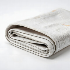 Close-up of neatly folded woven linen table napkin on white background, soft lighting emphasizing natural fabric texture and home textile quality