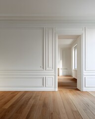 Fototapeta premium Warm minimalist space with subtle decorative molding blank center area and oak flooring