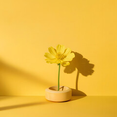 Softly lit single flower petal with fine texture placed on butter yellow backdrop, highlighting elegant curves and a warm, creamy palette.