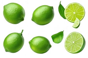 A collection of fresh. green limes displayed in various angles. their texture and color. with a cut lime revealing juicy segments and leaves. perfect for culinary or beverage use