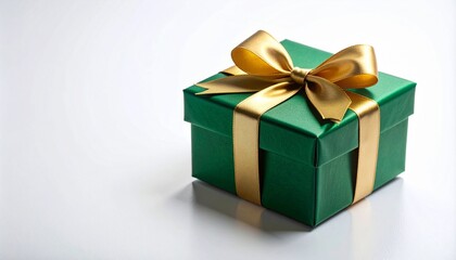 Obraz premium kado hijau cerah yang elegan dengan pita satin emas besar dan busur di atas latar belakang putih bersih.&nbsp;Hadiah yang dibungkus dengan indah ini sangat cocok untuk perayaan, hari libur, ulang tahun, at