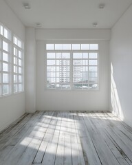 Obraz premium Japandi neutral room with broad empty wall area natural light and refined wood plank floor