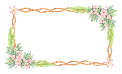Watercolor and colored pencil rectangular frame with pink plumeria flowers, tropical leaves and braided ropes isolated on white. Floral frangipani border for summer invitations, cards, wedding designs