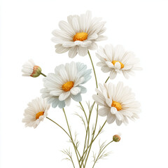 Fototapeta premium A watercolor painting of several white daisies with yellow centers on a white background