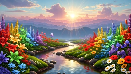 Colorful flowers bloom along a serene river at sunset with mountains in the distance landscape view