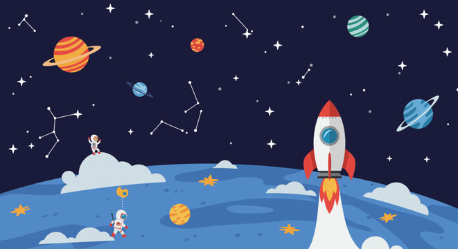 Rocket launch on a blue planet with astronauts exploring a cosmic landscape cartoon space adventure ideal for childrens illustrations and educational materials. - Powered by Adobe