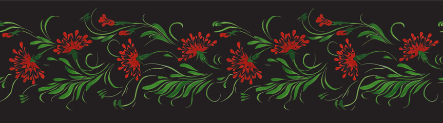 Vector floral seamless pattern from hand painted flowers on a black background