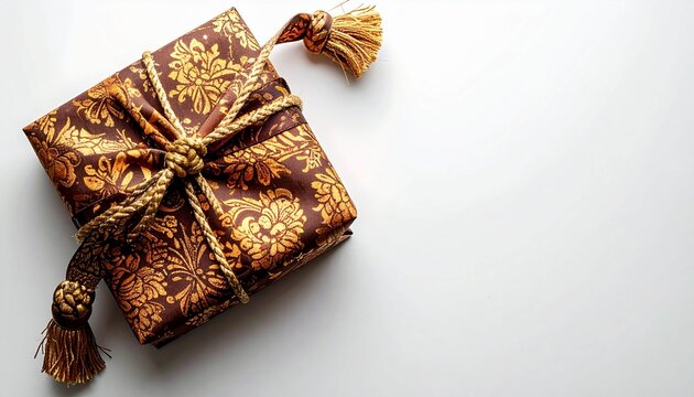 Elegant gift wrapped in gold and brown floral paper, tied with jute string and tassel.&nbsp;This gift is suitable for Eid al-Fitr celebrations, birthdays, or other special occasions, dilex