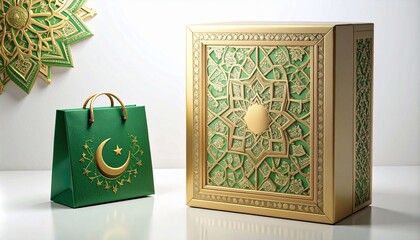 Elegant green and gold gift boxes and shopping bags with intricate Islamic geometric motifs and crescent moon and star symbols, on a clean white background.&nbsp;Perfect for perayx
