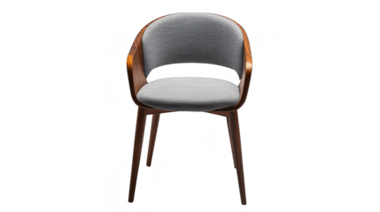 A modern. stylish chair with a gray fabric seat and wooden armrests. positioned against a clean. white background. ideal for interior design inspiration or furniture catalogues