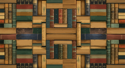 seamless pattern of vintage books antique book spines arranged creatively ideal for library-themed backgrounds and showcasing classic literature charm.