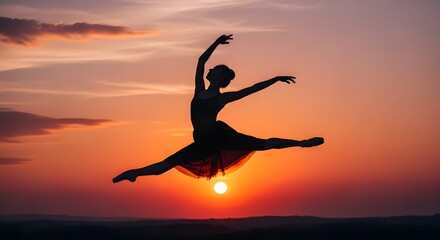 Graceful Ballerina Silhouette Leaping Against a Vibrant Sunset Sky.