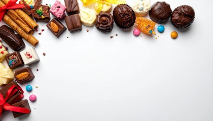 Assorted chocolate pralines, truffles and colorful candies neatly arranged on a white background. Suitable for celebration concepts, gifts or sweet moments.s