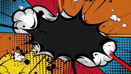 Vibrant retro comic book page background with a central black explosive speech bubble for custom text and messages - Powered by Adobe