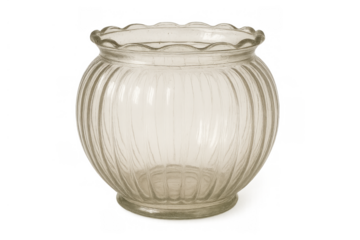 Empty ribbed glass vase with scalloped rim, clear glassware for decoration, transparent background