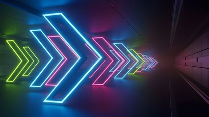 Geometric neon arrows pointing forward, storytelling of progress