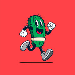 retro mascot of running cactus with fun expression