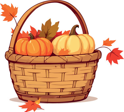 Vsai basket of autumn pumpkins and fall leaves