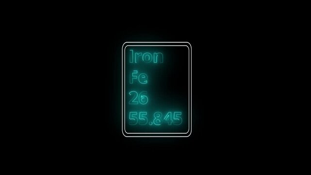 Glowing neon Iron element animation. Neon Iron element animated on black background. 4k