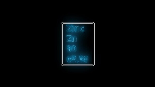 Glowing neon Zinc element animation. Neon Zinc element animated on black background. 4k