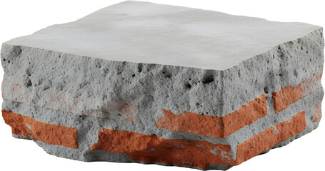 Close up view of a concrete block revealing orange brick layers within its textured grey surface Material Construction Grunge