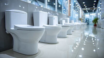 Display of elegant white ceramic toilets, arranged neatly in a showroom setting with bright, shiny tiled floors. Contemporary designs offer sleek sanitation solutions.